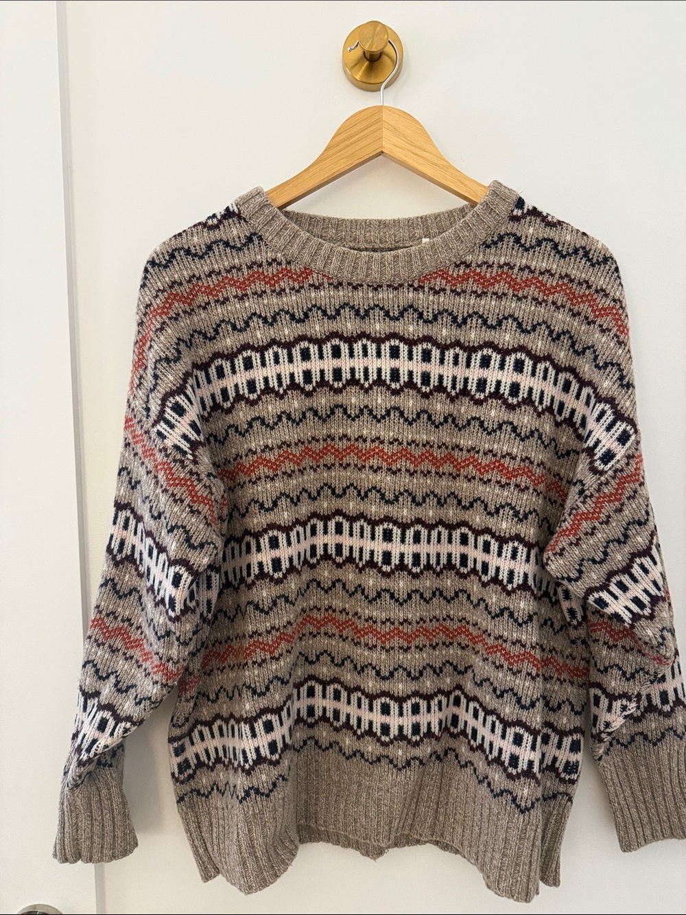 Barbour Taupe Fair Isle Crewneck Sweater with Rust and Ivory Accents